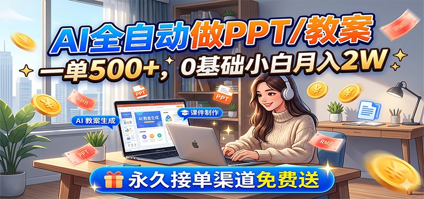 AI全自动做PPT/教案，一单500+，0基础小白月入2W，永久接单渠道免费送-资源社