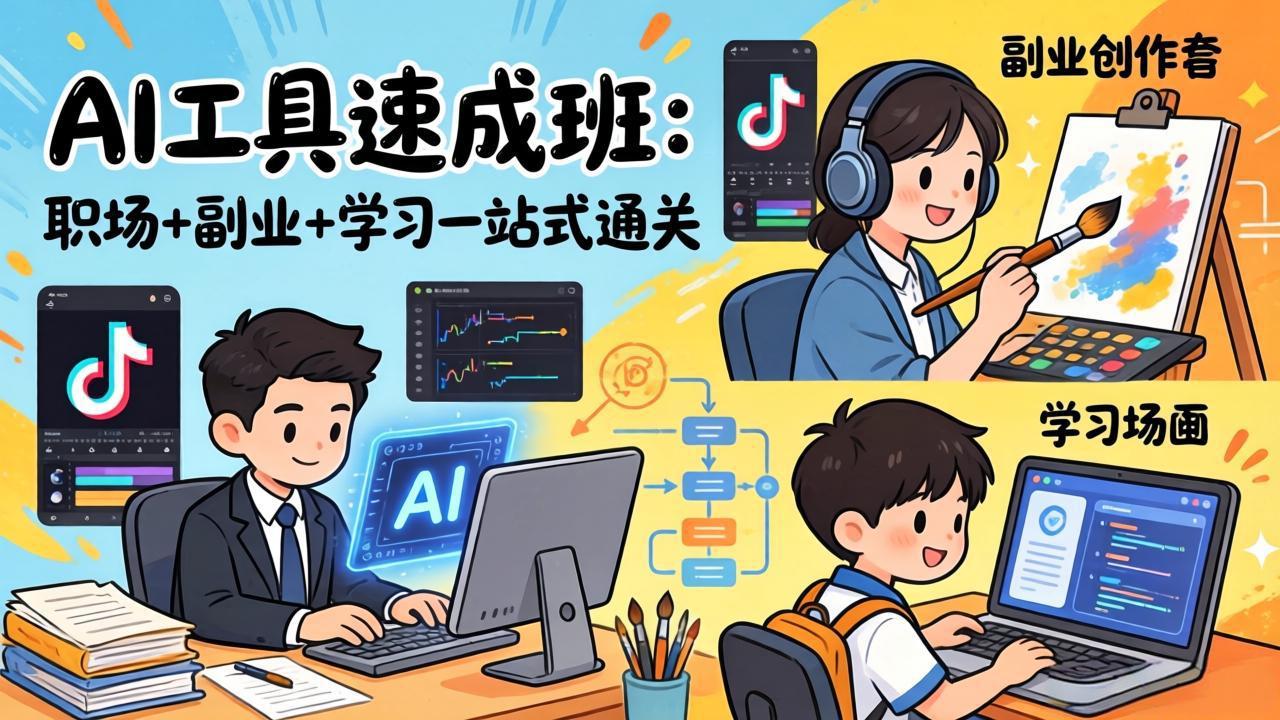 AI工具速成班：职场+副业+学习一站式通关，20+爆款类型+剪映技巧+抖音算法，0基础快速上手-资源社