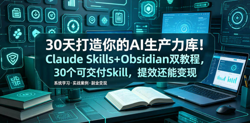 30天打造你的AI生产力库!Claude Skills+Obsidian 双教程,30 个可交付 Skill,提效还能变现-资源社