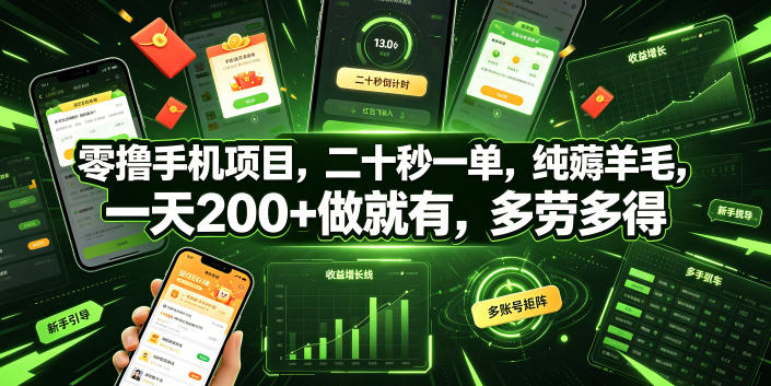 零撸手机项目，二十秒一单，纯薅羊毛，一天200+做就有，多劳多得【揭秘】-资源社