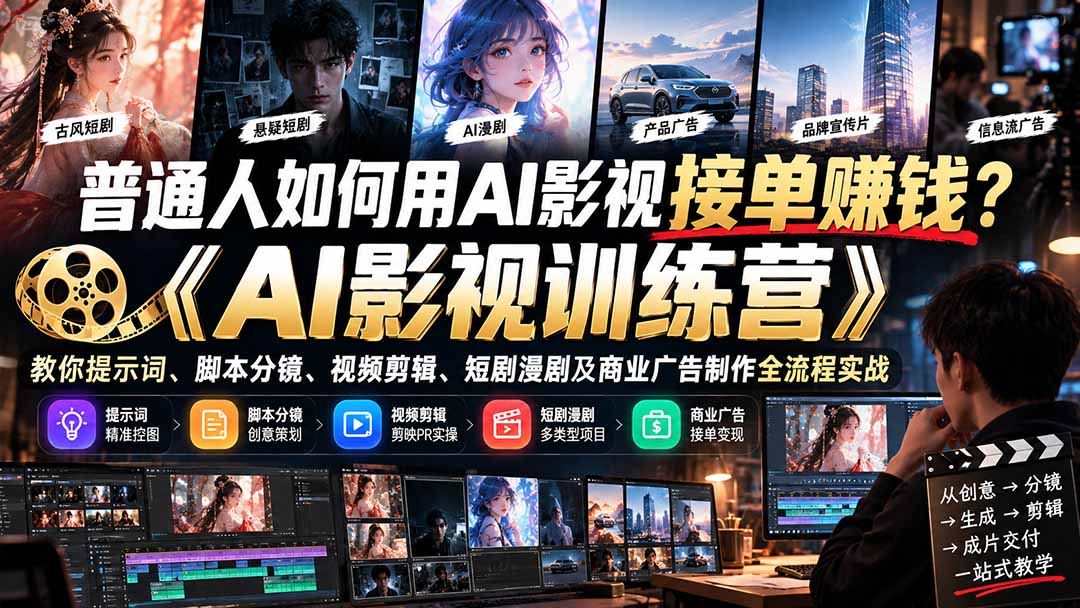 普通人如何用AI影视接单赚钱?《AI影视训练营》教你提示词、脚本分镜、视频剪辑、短剧漫剧及商业广告制作全流程实战-资源社