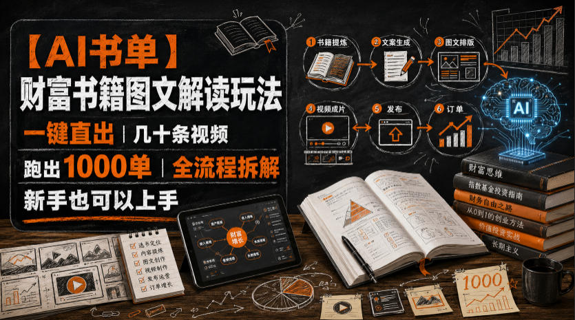 【AI书单】财富书籍图文解读玩法，一键直出，几十条视频，跑出1000单，全流程拆解，新手也可以上手-资源社