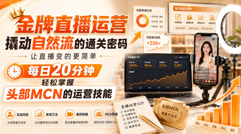金牌直播运营撬动自然流的通关密码，让直播变的更简单，每日20分钟，轻松掌握头部MCN的运营技能-资源社