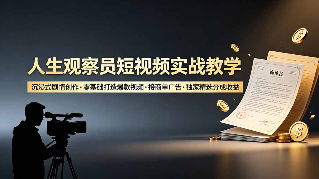 人生观察员短视频实战教学，沉浸式剧情创作，零基础打造爆款视频，接商单广告，独家精选分成收益-资源社