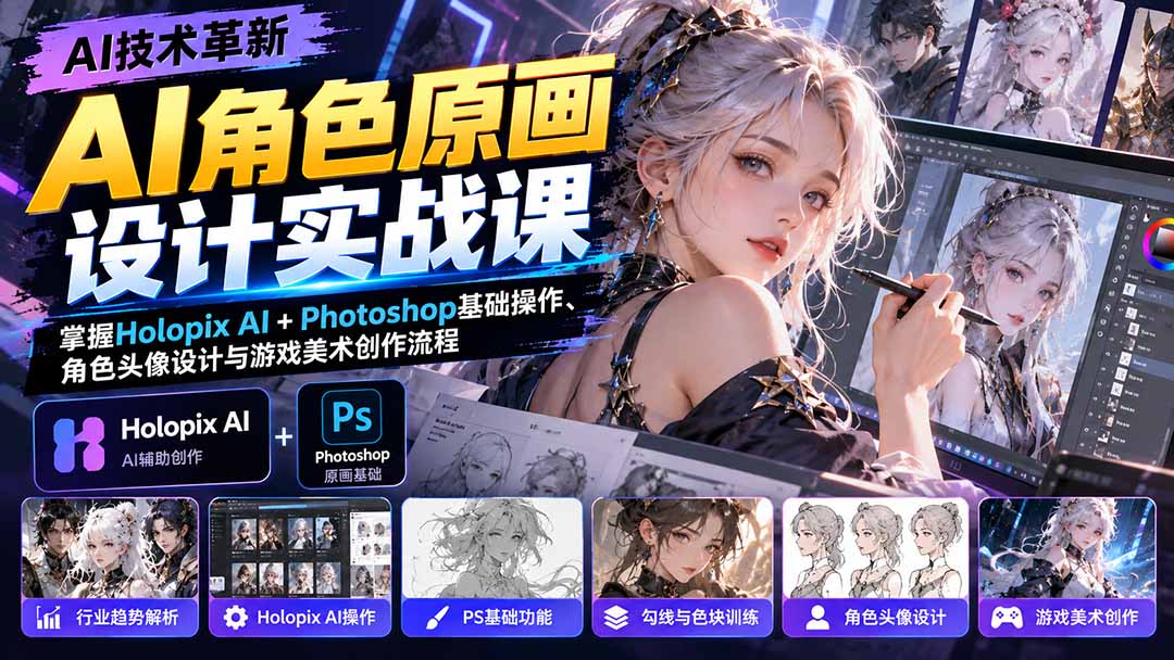 AI角色原画设计实战课:掌握Holopix AI+Photoshop基础操作、角色头像设计与游戏美术创作流程-资源社