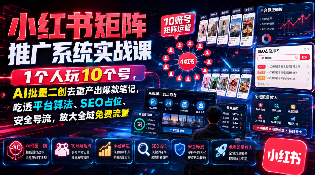 小红书矩阵推广系统实战课|1个人玩10个号,AI批量二创去重产出爆款笔记,吃透平台算法、SEO占位、安全导流,放大全域免费流量-资源社