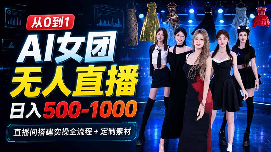 AI 女团无人直播,躺入500-1000每天,直播间搭建实操全流程+定制素材-资源社