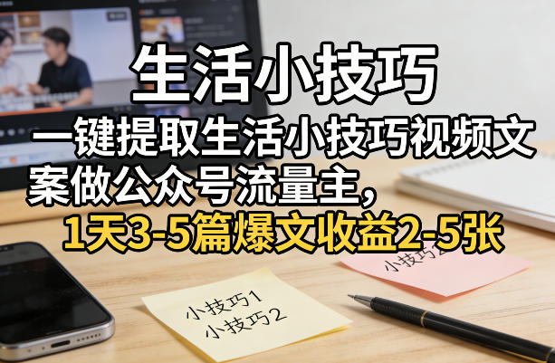 一键提取生活小技巧视频文案做公众号流量主，1天3-5篇爆文收益2-5张-资源社