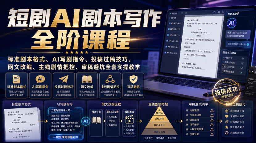 短剧AI剧本写作全阶课程｜标准剧本格式、AI写剧指令、投稿过稿技巧、网文改编、主线剧情把控、审稿避坑全套实操教学-资源社
