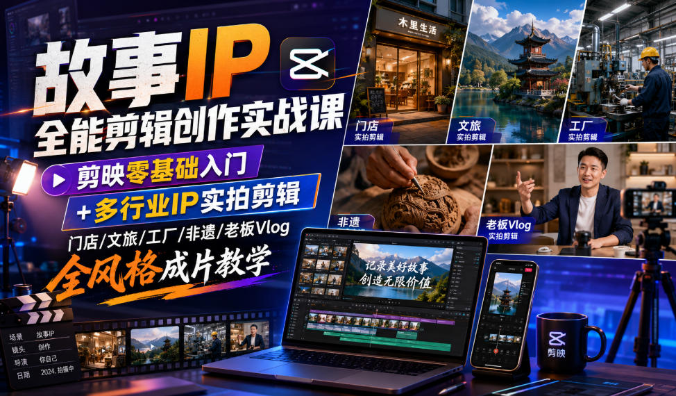 故事IP全能剪辑创作实战课｜剪映零基础入门+多行业IP实拍剪辑，门店/文旅/工厂/非遗/老板Vlog全风格成片教学-资源社