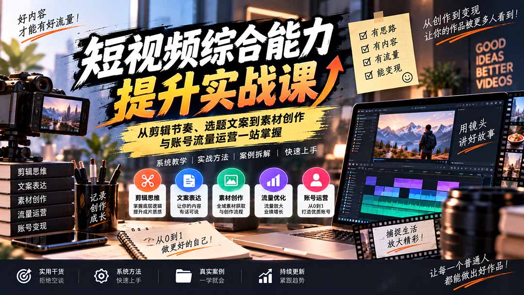 短视频综合能力提升实战课:从剪辑节奏、选题文案到素材创作与账号流量运营一站掌握-资源社
