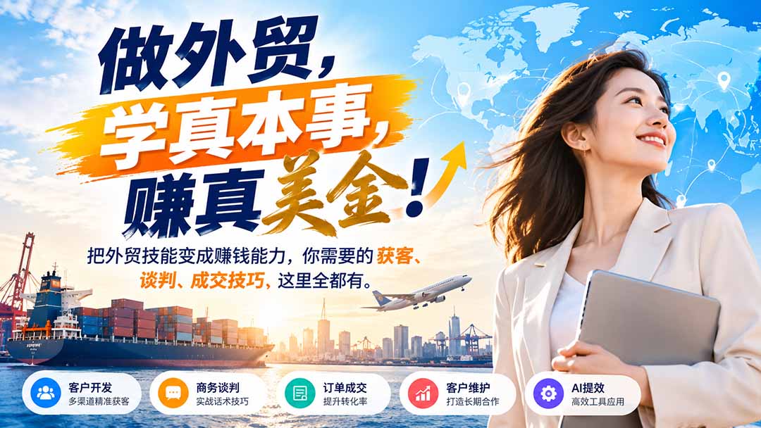 做外贸,学真本事,赚真美金!把外贸技能变成赚钱能力,你需要的获客、谈判、成交技巧,这里全都有-资源社