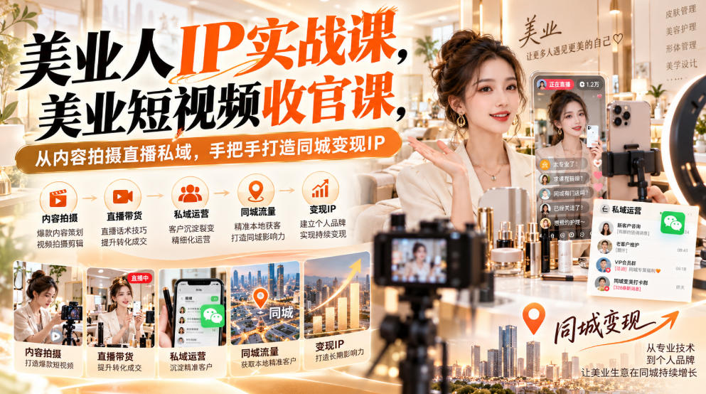 【无水印】美业人IP实战课,美业短视频收官课,从内容拍摄直播私域,手把手打造同城变现IP-资源社