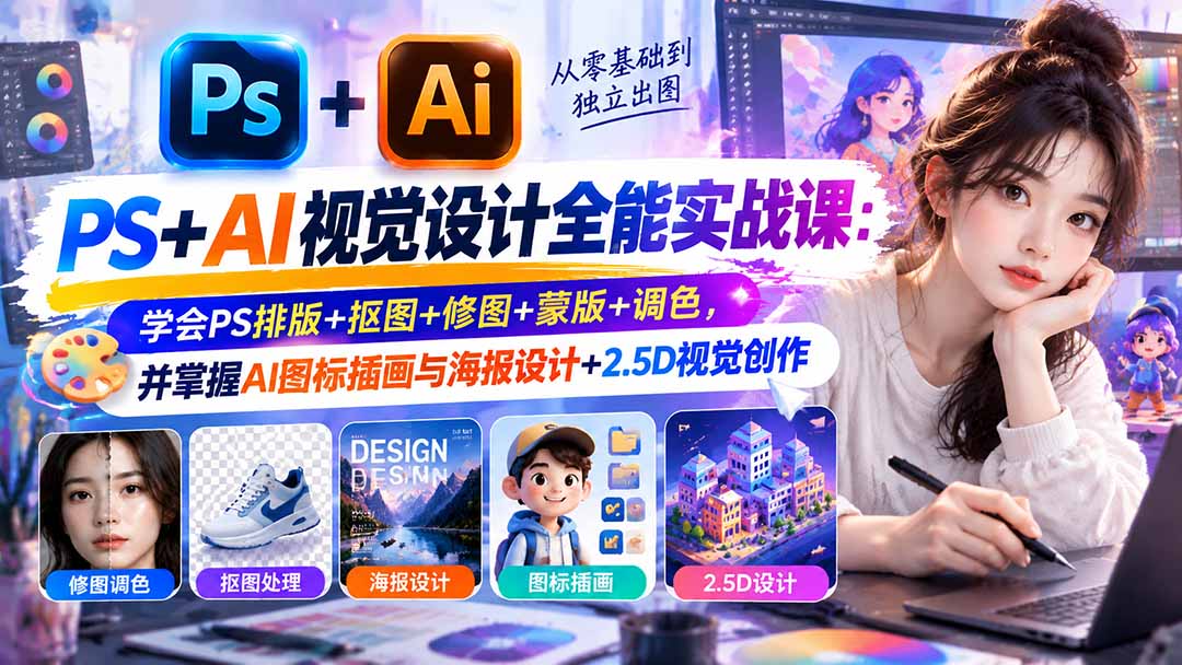 【无水印】PS+AI视觉设计全能实战课:学会PS排版+抠图+修图+蒙版+调色,并掌握AI图标插画与海报设计+2.5D视觉创作-资源社