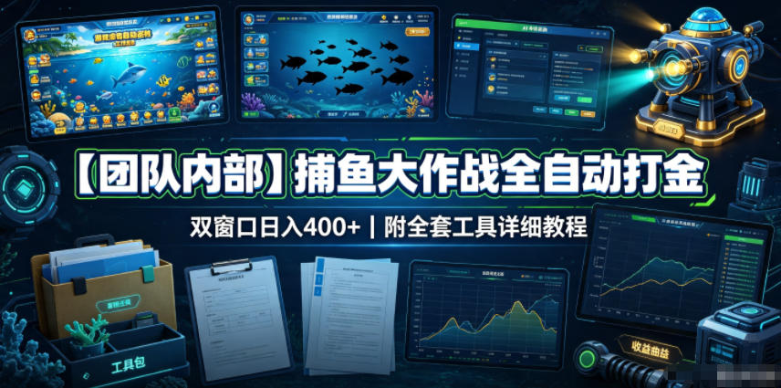 【团队内部】捕鱼大作战全自动打金,双窗口日入400+,附全套工具详细教程【揭秘】-资源社