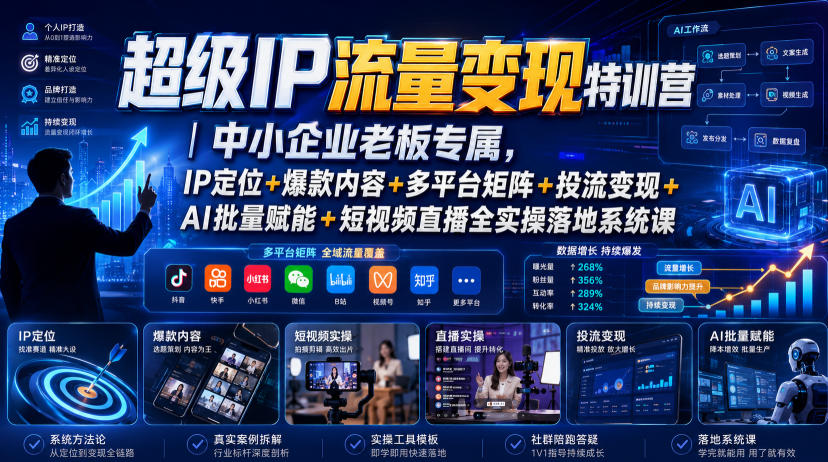 超级IP流量变现特训营|中小企业老板专属,IP定位+爆款内容+多平台矩阵+投流变现+AI批量赋能+短视频直播全实操落地系统课-资源社