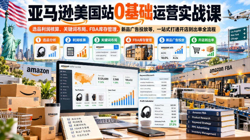 亚马逊美国站0基础运营实战课|选品利润核算、关键词布局、FBA库存管理、新品广告投放等,一站式打通开店到出单全流程-资源社