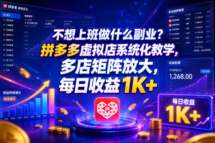 不想上班做什么副业?拼多多虚拟店系统化教学,多店矩阵放大,每日收益1K+【揭秘】-资源社