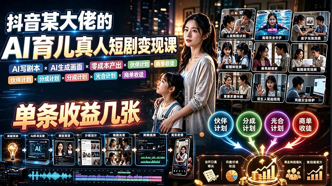 AI育儿真人短剧变现课:AI写剧本×AI生成画面×零成本产出×伙伴计划×分成计划×光合计划×商单收徒-资源社