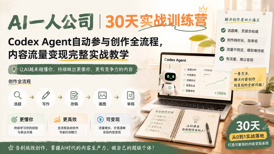 AI一人公司|30天实战训练营;Codex Agent自动参与创作全流程,内容流量变现完整实战教学-资源社