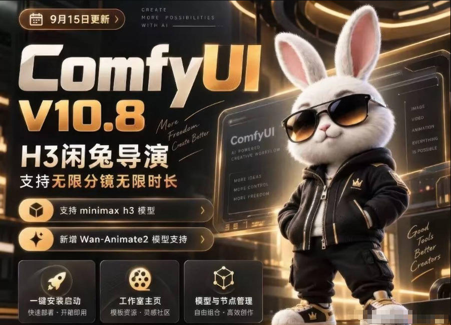 ComfyUI V10.8中文整合包,H3闲兔导演,支持无限分镜无限时长,1000+工作流,动作迁移,角色替换,视频一致性,口型同步,低显存可用-资源社