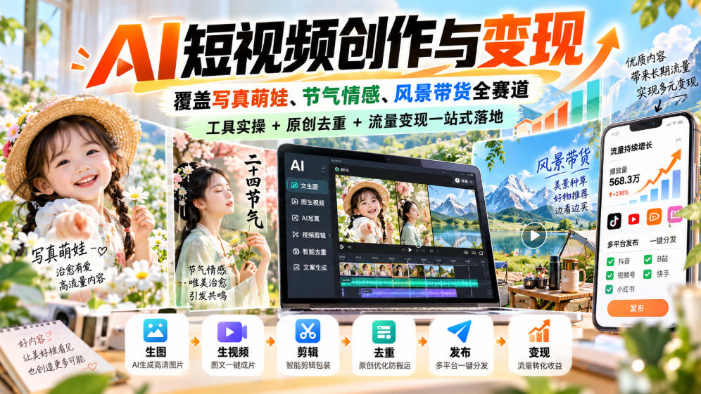 AI短视频创作与变现，覆盖写真萌娃、节气情感、风景带货全赛道，工具实操+原创去重+流量变现一站式落地-资源社
