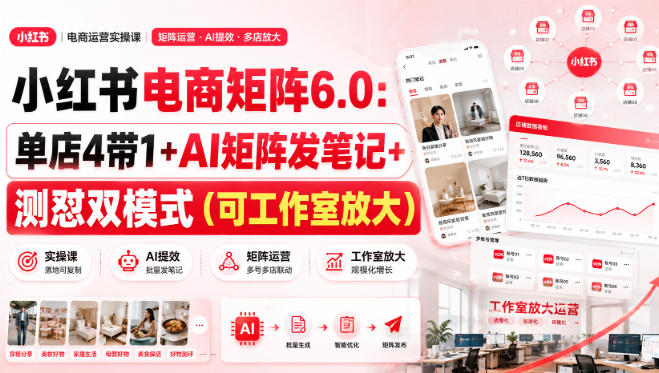 小红书电商矩阵6.0：单店4带1+AI矩阵发笔记+测怼双模式(可工作室放大)-资源社
