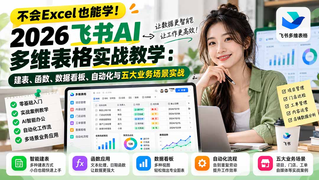 不会Excel也能学！2026飞书AI多维表格实战教学：建表、函数、数据看板、自动化与五大业务场景实战-资源社