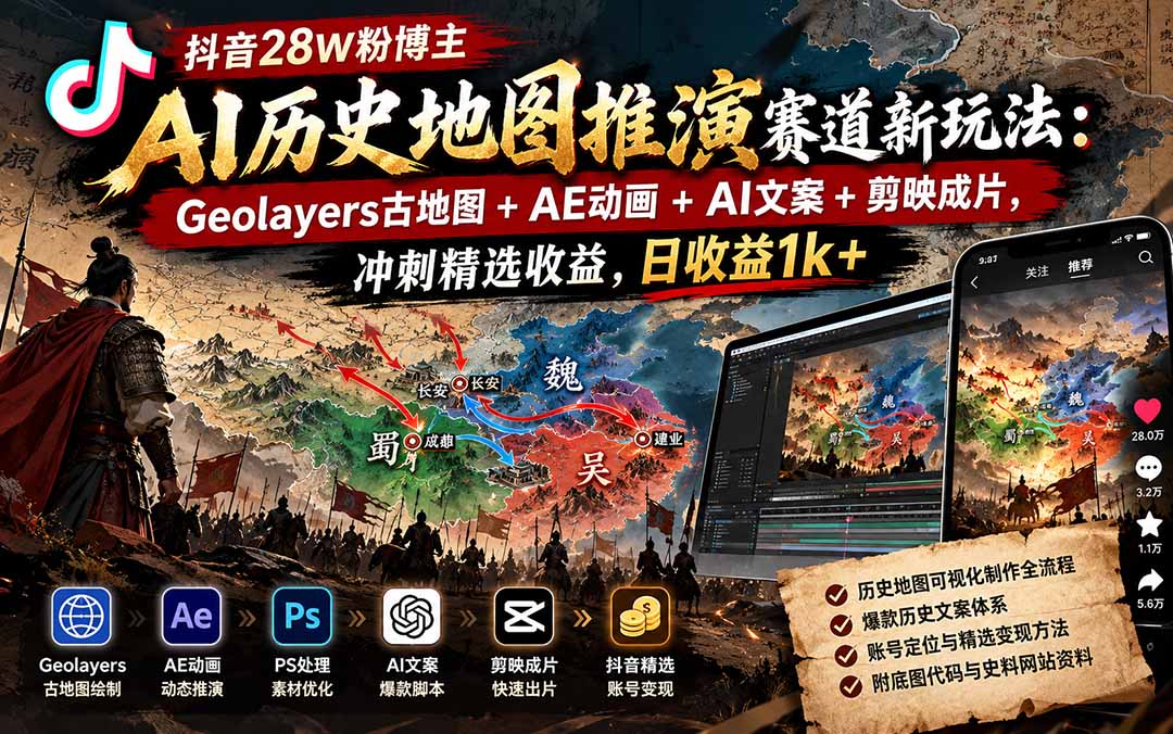 抖音28W粉博主AI历史地图推演赛道新玩法:Geolayers古地图+AE动画+AI文案+剪映成片,冲刺精选收益,日收益1k+-资源社