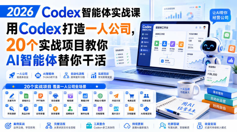 2026 Codex智能体实战课,用Codex打造一人公司,20个实战项目教你AI智能体替你干活-资源社