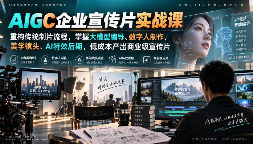 AIGC企业宣传片实战课，重构传统制片流程，掌握大模型编导、数字人制作、美学镜头、AI特效后期，低成本产出商业级宣传片-资源社