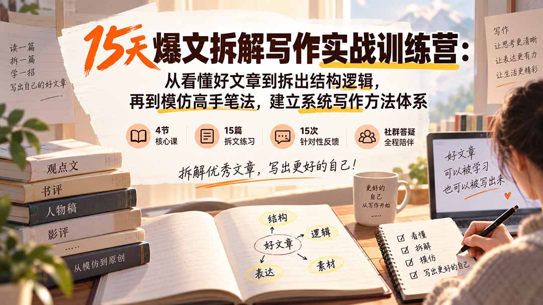 15天爆文拆解写作实战训练营:从看懂好文章到拆出结构逻辑,再到模仿高手笔法,建立系统写作方法体系-资源社