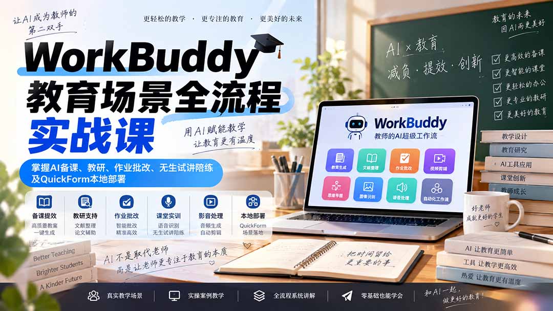 WorkBuddy教育场景全流程实战课:掌握AI备课、教研、作业批改、无生试讲陪练及QuickForm本地部署-资源社
