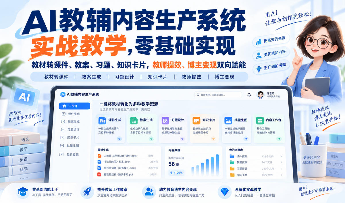 AI教辅内容生产系统实战教学，零基础实现教材转课件、教案、习题、知识卡片，教师提效、博主变现双向赋能-资源社