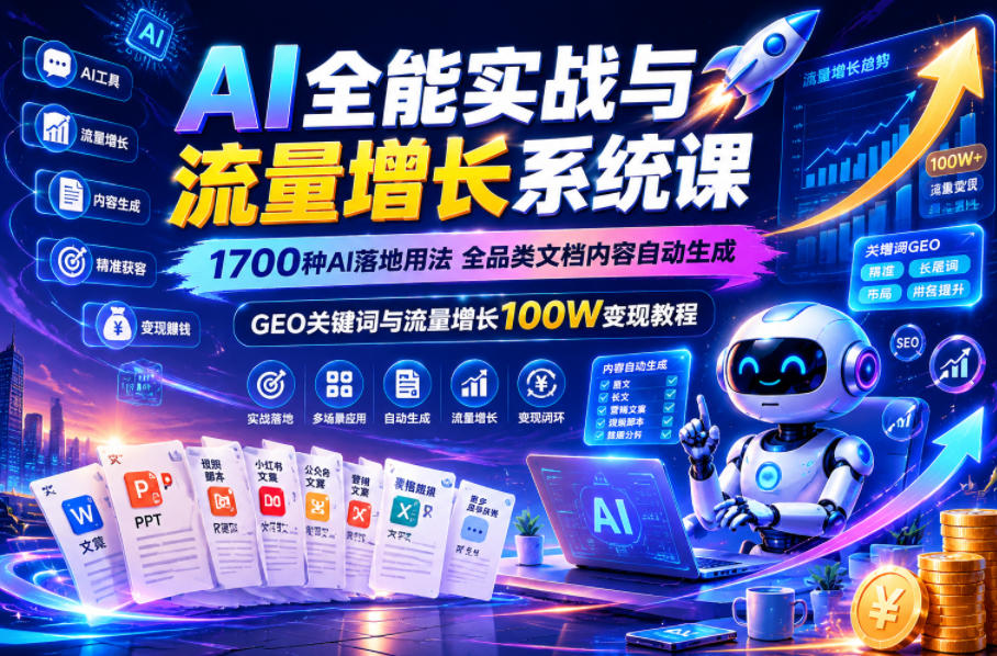 AI全能实战与流量增长系统课,1700种AI落地用法,全品类文档内容自动生成,GEO关键词与流量增长100W变现教程-资源社