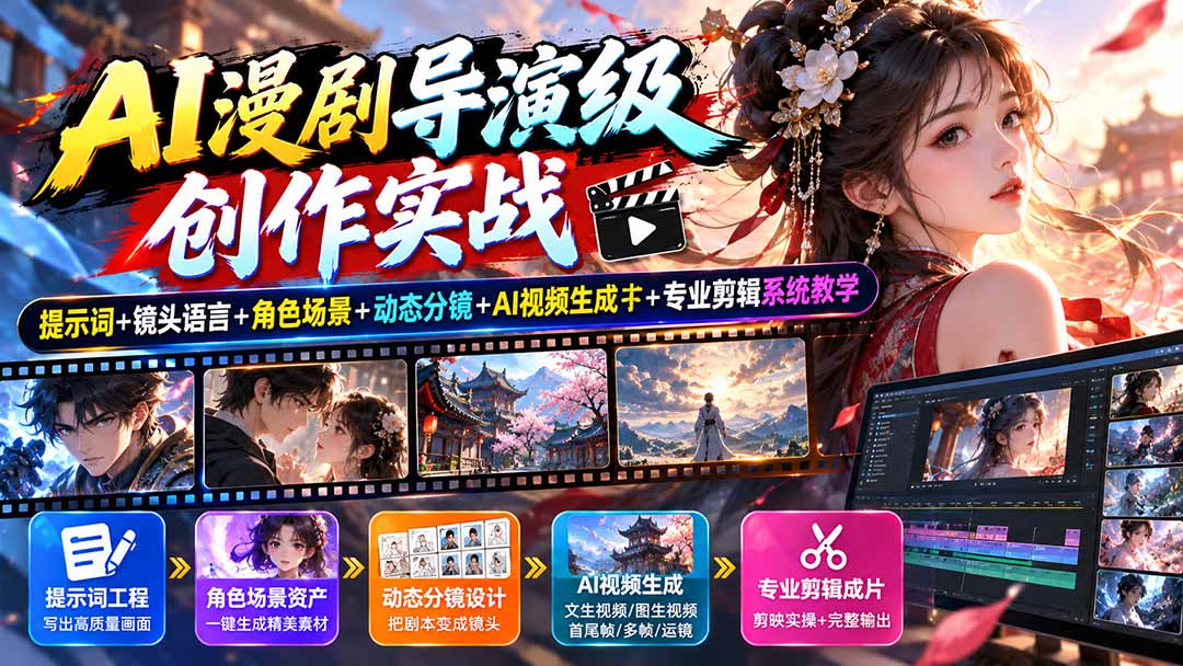 AI漫剧导演级创作实战：提示词+镜头语言+角色场景+动态分镜+AI视频生成+专业剪辑系统教学-资源社