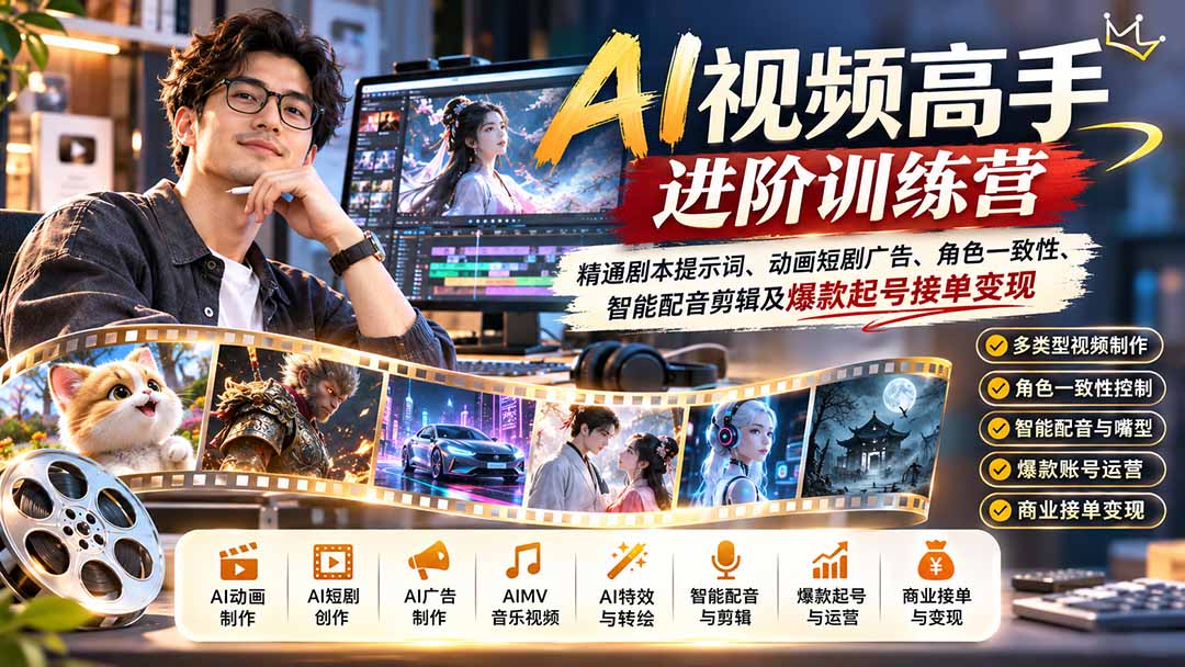 AI视频高手进阶训练营：精通剧本提示词、动画短剧广告、角色一致性、智能配音剪辑及爆款起号接单变现-资源社