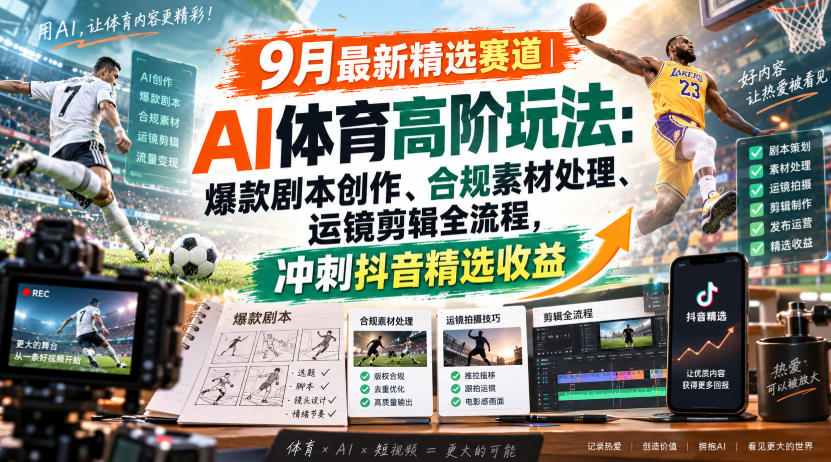 某大佬的9月最新精选赛道之AI体育顶级玩法,爆款剧本创作、版权规避、运镜剪辑全流程,稳拿抖音精选收益-资源社