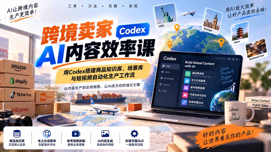 跨境卖家AI内容效率课:用Codex搭建商品知识库、场景库与短视频自动化生产工作流-资源社