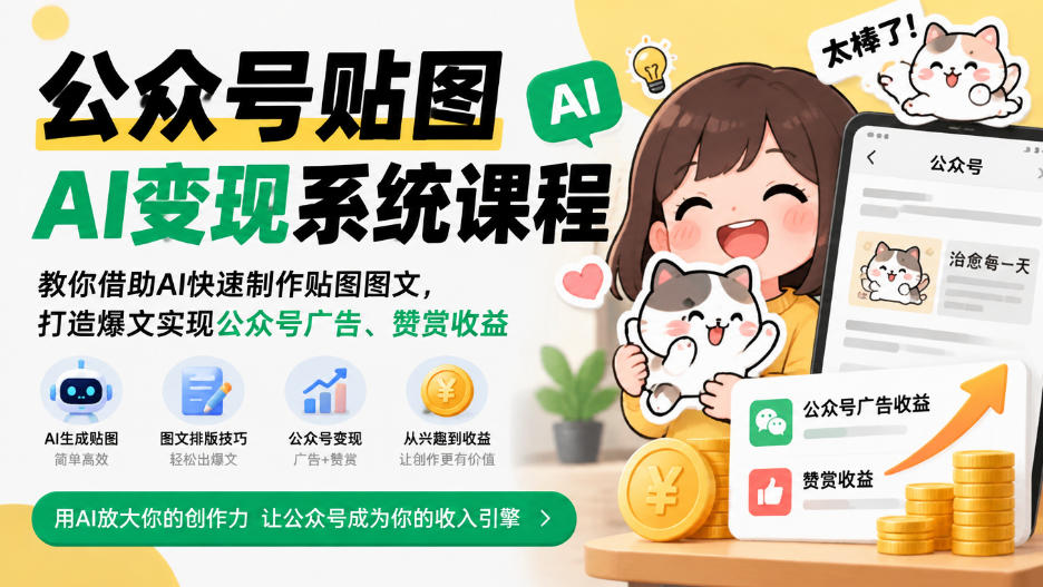 公众号贴图AI变现系统课程｜教你借助AI快速制作贴图图文，打造爆文实现公众号广告、赞赏收益-资源社