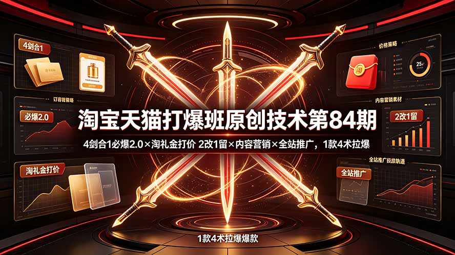 淘宝天猫打爆班原创技术第84期:4剑合1必爆2.0×淘礼金打价×2改1留×内容营销×全站推广,1款4术拉爆-资源社