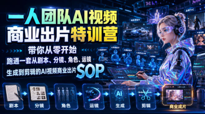 一人团队AI视频商业出片实战课:带你从零开始跑通一套从剧本、分镜、角色、运镜、生成到剪辑的AI视频商业出片SOP-资源社