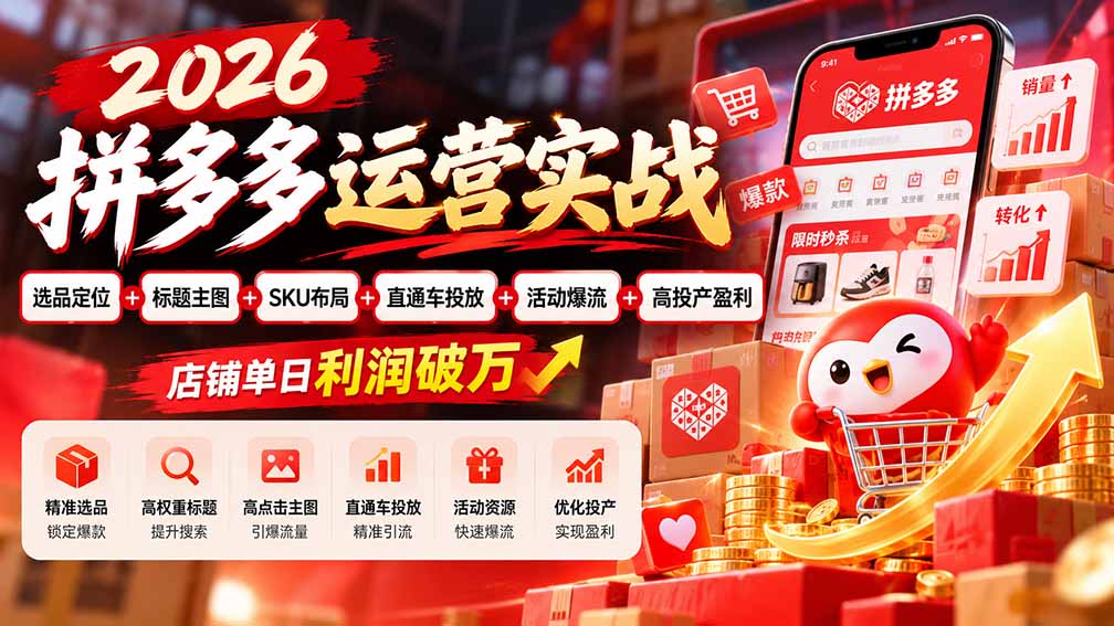 2026拼多多运营实战-更新1002：选品定位+标题主图+SKU布局+直通车投放+活动爆流+高投产盈利 店铺单日利润破万-资源社