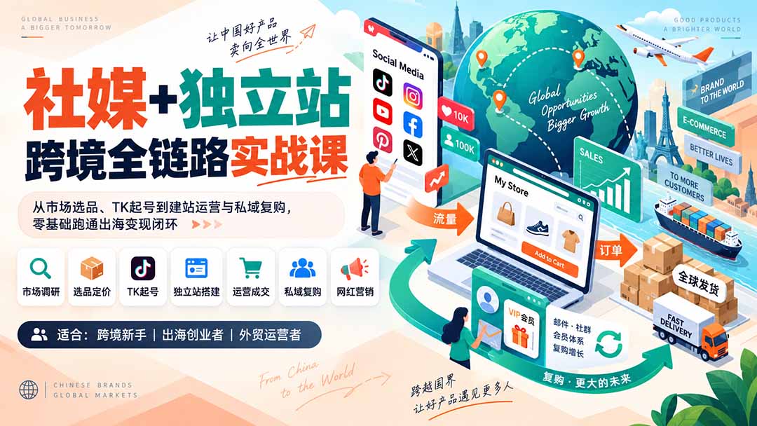 社媒+独立站跨境全链路实战课:从市场选品、TK起号到建站运营与私域复购,零基础跑通出海变现闭环-资源社