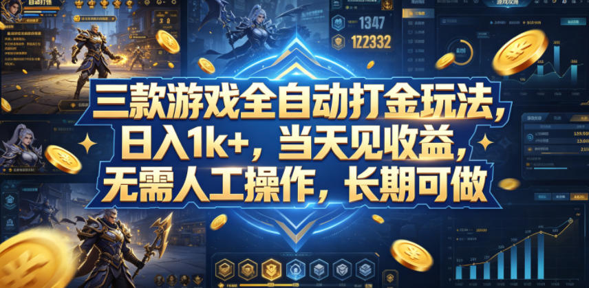 三款游戏全自动打金玩法，日入1k+，当天见收益，无需人工操作，长期可做【揭秘】-资源社