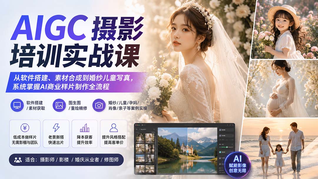 AIGC摄影培训实战课：从软件搭建、素材合成到婚纱儿童写真，系统掌握AI商业样片制作全流程-资源社