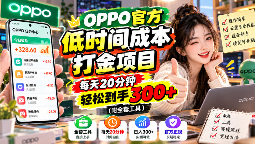 OPPO官方低时间成本打金项目，每天20分钟，轻松到手300+(附全套工具)【揭秘】-资源社