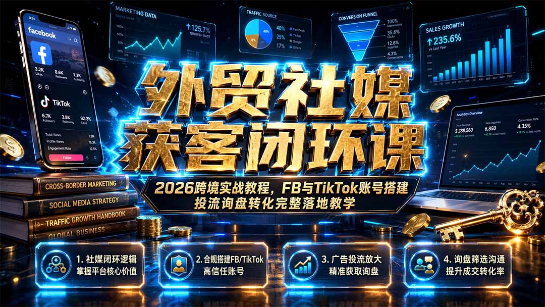 外贸社媒获客闭环课｜2026跨境实战教程，FB与TikTok账号搭建投流询盘转化完整落地教学-资源社