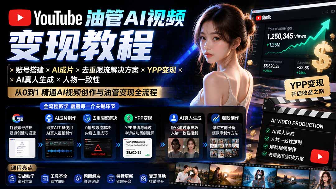 YouTube油管AI视频变现教程：账号搭建×AI成片×去重限流解决方案×YPP变现×AI真人生成×人物一致性-资源社